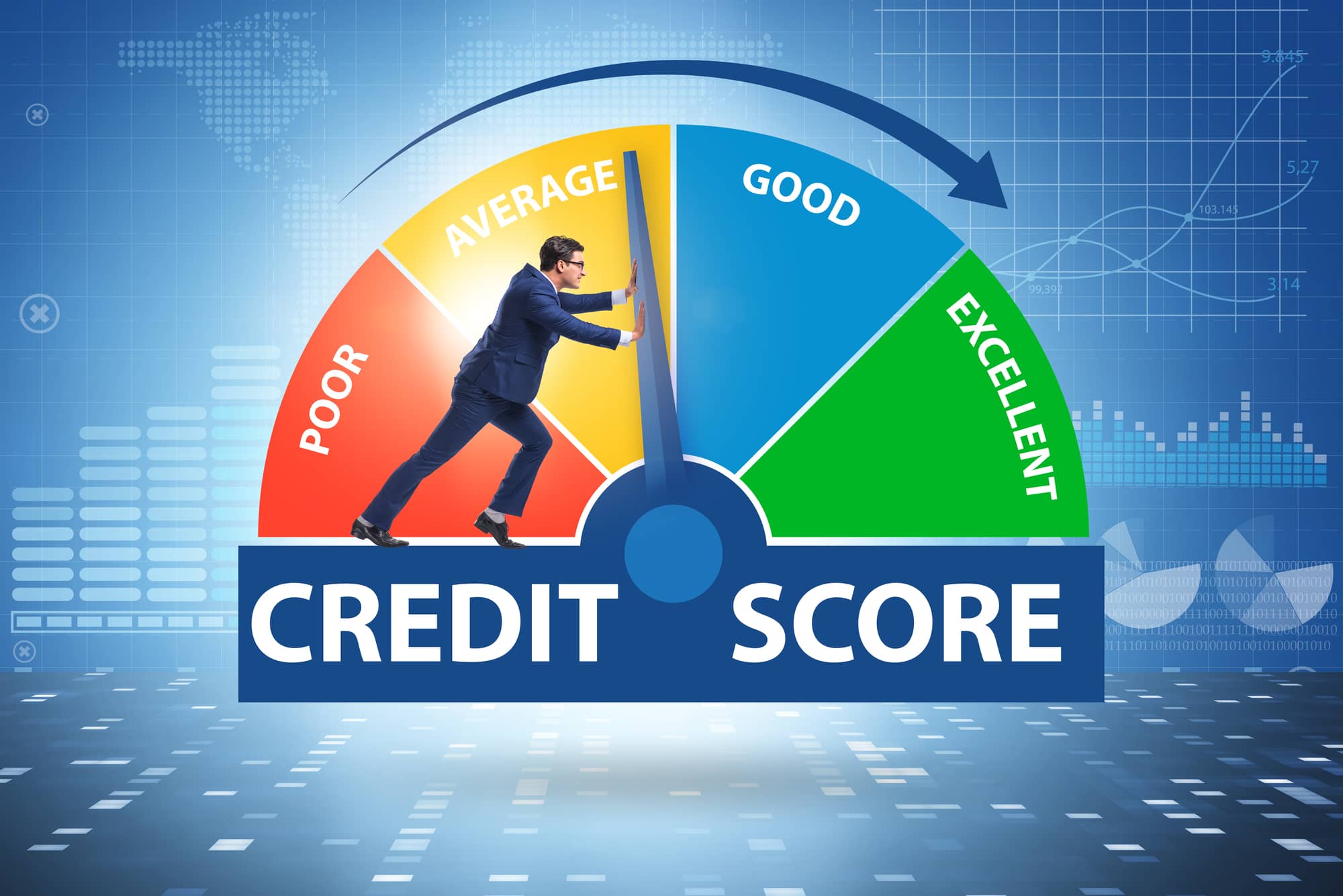 Cartoon man pushing a dial forward indicating an improvement in credit score.