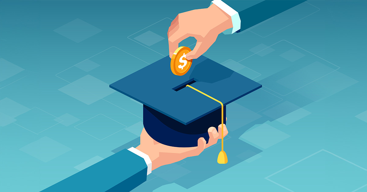 Graphic of a hand putting a gold coin into a graduation cap.
