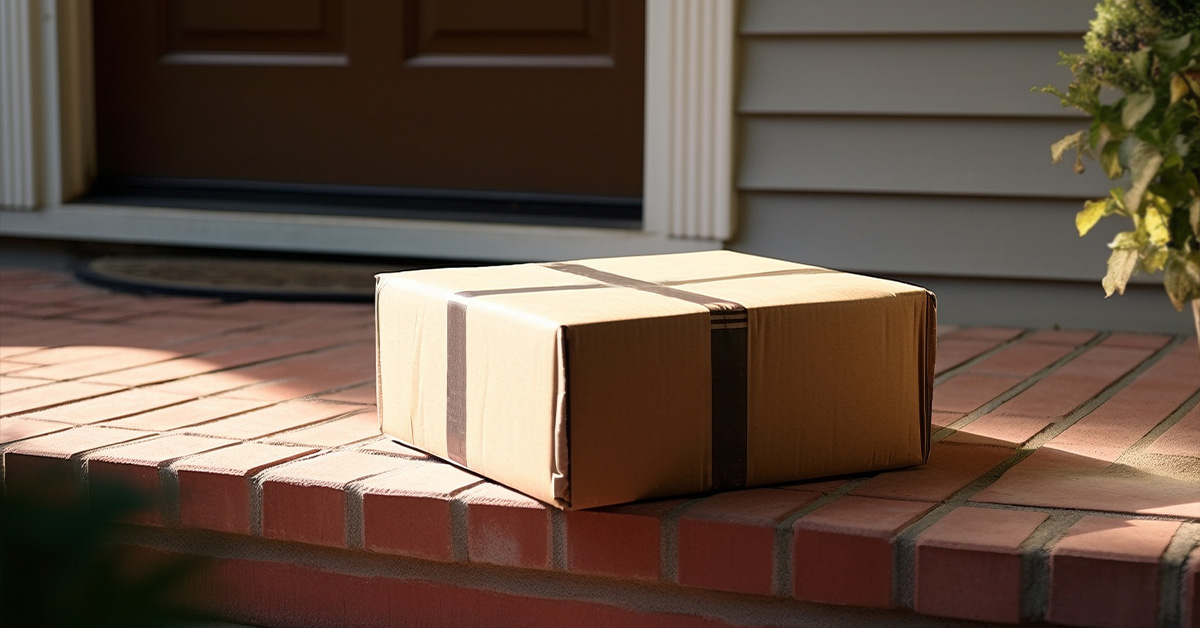 Delivered package sitting on doorstep.
