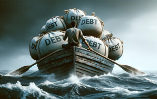 Man rowing a boat filled with bags of debt.