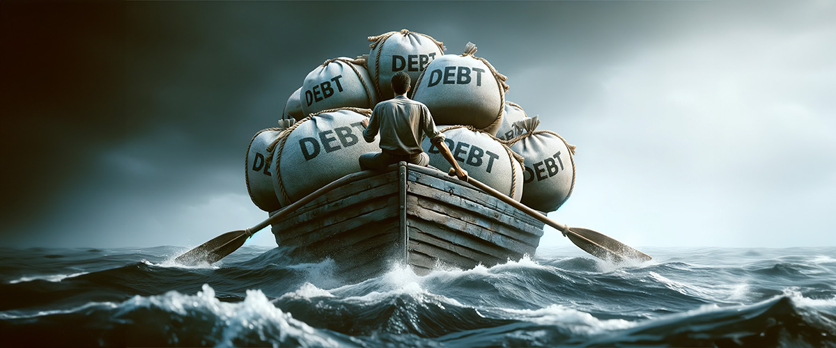 Man rowing a boat filled with bags of debt.