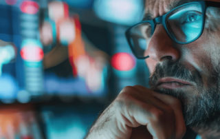 Close up image of a man with glasses staring at a computer screen showing a chart in a down pattern.